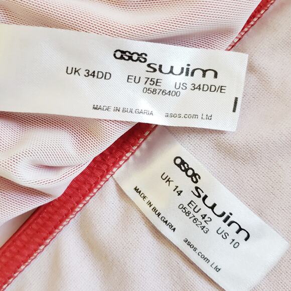 ASOS Swim Bardot off the shoulder red bikini set wrap top 34DD / E bottoms Sz 10 - Picture 8 of 9